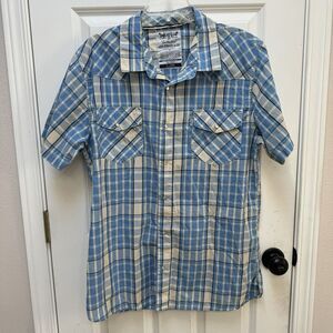 Levi's Western Shirt Adult XL Blue White Plaid Pearl Snap Short Sleeve Men's